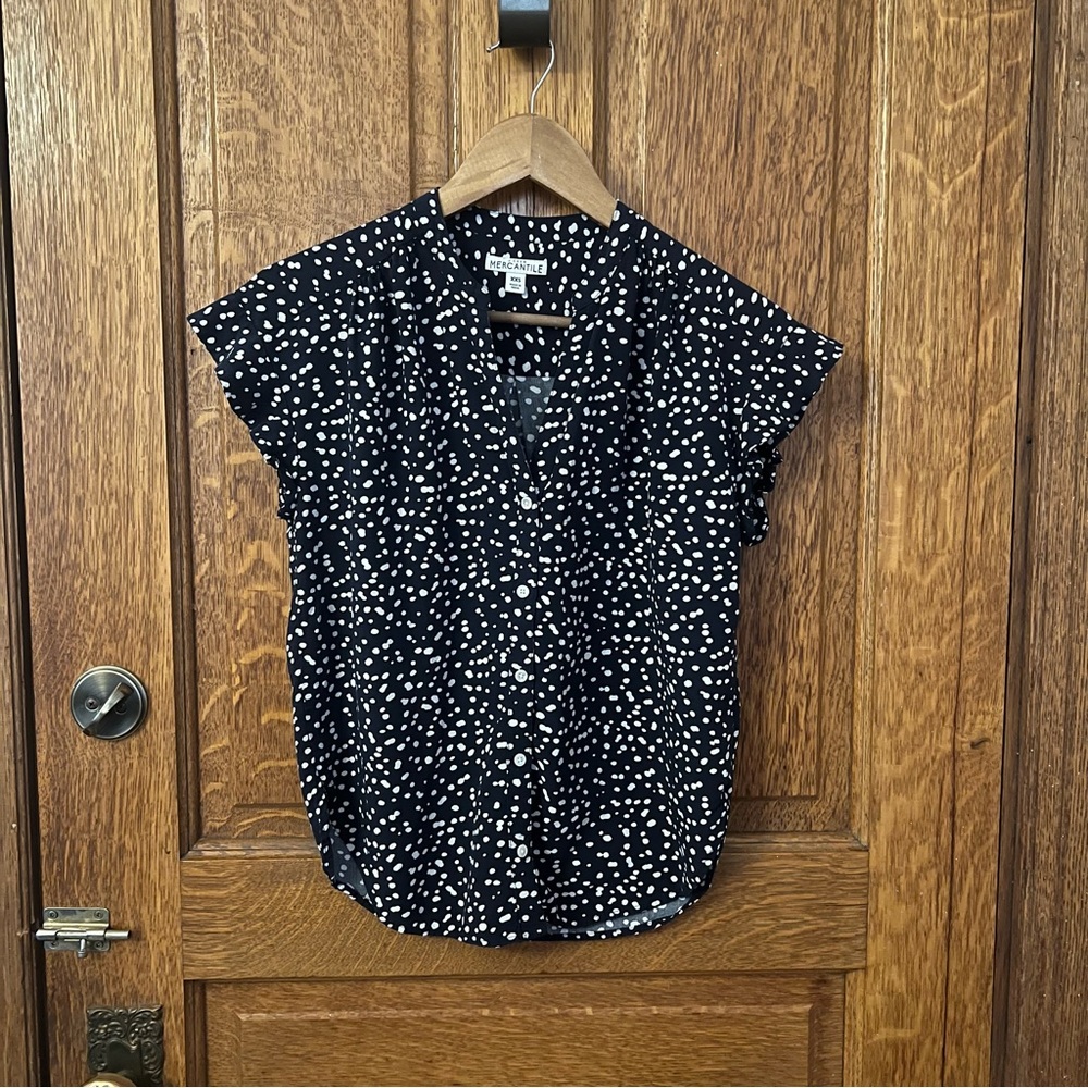 J. Crew Mercantile Women’s Top XXS Navy Polka Dot Dainty Cap Ruffle Button Down - Picture 2 of 8